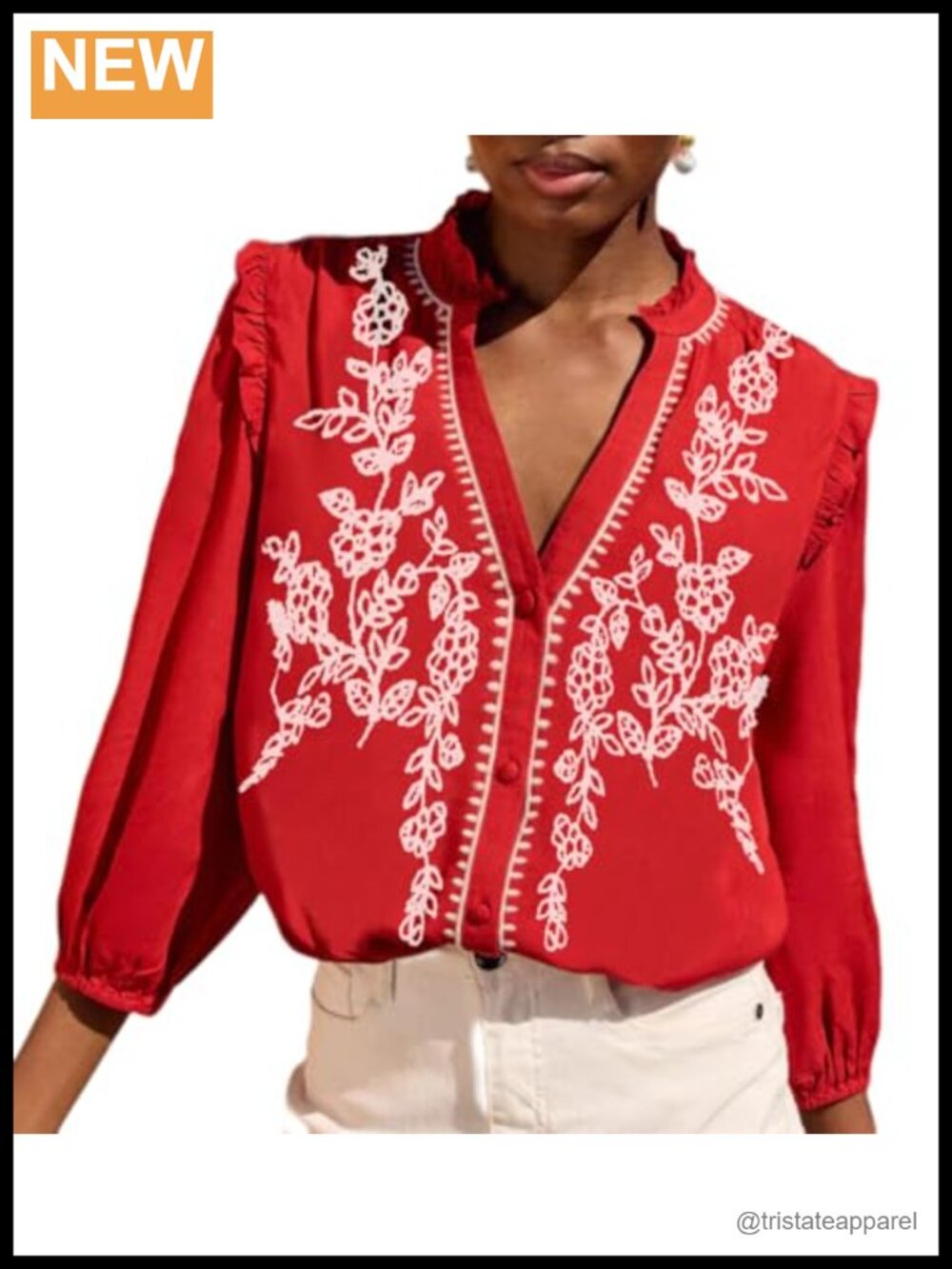 3/4 Sleeve Embroidered Peasant Blouse Floral V-Neck Button Up